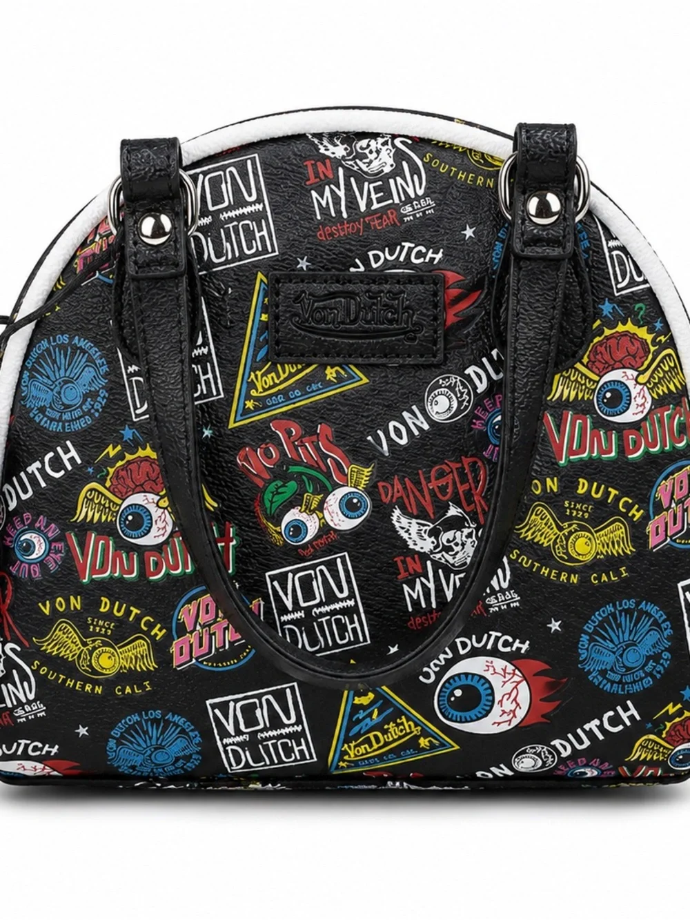 Von Dutch Black Dome Satchel with Multicolor Graphic Logos